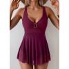 imageB2prity Womens One Piece Swim Dress Swimsuit Tummy Control V Neck Swimdress Mesh Bathing Suit Skirt U Ring SwimwearWine Red