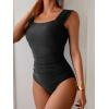 imageB2prity Womens One Piece Swimsuit Retro Square Neck Tummy Control Bathing Suits Ruched Modest Full Coverage SwimwearBlack
