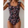 imageB2prity Womens One Piece Swimsuit Retro Square Neck Tummy Control Bathing Suits Ruched Modest Full Coverage SwimwearBlack and Pink Floral