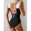 imageB2prity Womens One Piece Swimsuit Retro Square Neck Tummy Control Bathing Suits Ruched Modest Full Coverage SwimwearBlack white