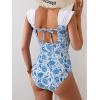imageB2prity Womens One Piece Swimsuit Retro Square Neck Tummy Control Bathing Suits Ruched Modest Full Coverage SwimwearBlue Floral Print