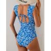 imageB2prity Womens One Piece Swimsuit Retro Square Neck Tummy Control Bathing Suits Ruched Modest Full Coverage SwimwearBlue and White Floral