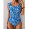 imageB2prity Womens One Piece Swimsuit Retro Square Neck Tummy Control Bathing Suits Ruched Modest Full Coverage SwimwearBlue and White Floral