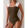 imageB2prity Womens One Piece Swimsuit Retro Square Neck Tummy Control Bathing Suits Ruched Modest Full Coverage SwimwearBrown white
