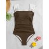 imageB2prity Womens One Piece Swimsuit Retro Square Neck Tummy Control Bathing Suits Ruched Modest Full Coverage SwimwearBrown white