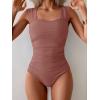 imageB2prity Womens One Piece Swimsuit Retro Square Neck Tummy Control Bathing Suits Ruched Modest Full Coverage SwimwearCameo Brown