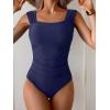 imageB2prity Womens One Piece Swimsuit Retro Square Neck Tummy Control Bathing Suits Ruched Modest Full Coverage SwimwearDark Blue