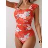 imageB2prity Womens One Piece Swimsuit Retro Square Neck Tummy Control Bathing Suits Ruched Modest Full Coverage SwimwearOrange and Pink Floral