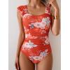 imageB2prity Womens One Piece Swimsuit Retro Square Neck Tummy Control Bathing Suits Ruched Modest Full Coverage SwimwearOrange and Pink Floral