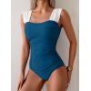 imageB2prity Womens One Piece Swimsuit Retro Square Neck Tummy Control Bathing Suits Ruched Modest Full Coverage SwimwearPeacock Blue white