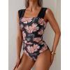imageB2prity Womens One Piece Swimsuit Retro Square Neck Tummy Control Bathing Suits Ruched Modest Full Coverage SwimwearPink Black Floral