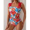 imageB2prity Womens One Piece Swimsuit Retro Square Neck Tummy Control Bathing Suits Ruched Modest Full Coverage SwimwearRed Floral Print
