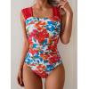 imageB2prity Womens One Piece Swimsuit Retro Square Neck Tummy Control Bathing Suits Ruched Modest Full Coverage SwimwearRed Floral Print