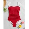 imageB2prity Womens One Piece Swimsuit Retro Square Neck Tummy Control Bathing Suits Ruched Modest Full Coverage SwimwearRed white
