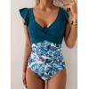 imageB2prity Womens One Piece Swimsuit Ruffle Slimming Tummy Control Bathing Suit Criss Cross High Waist 1 Piece SwimwearPeacock Green  Leaf Print
