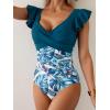 imageB2prity Womens One Piece Swimsuit Ruffle Slimming Tummy Control Bathing Suit Criss Cross High Waist 1 Piece SwimwearPeacock Green  Leaf Print