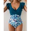 imageB2prity Womens One Piece Swimsuit Ruffle Slimming Tummy Control Bathing Suit Criss Cross High Waist 1 Piece SwimwearPeacock Green  Leaf Print