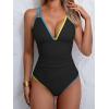 imageB2prity Womens V Neck One Piece Swimsuit Tummy Control Slimming Bathing Suit Double Straps Crisscross Back SwimwearBlack  Blue Yellow Seams