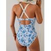 imageB2prity Womens V Neck One Piece Swimsuit Tummy Control Slimming Bathing Suit Double Straps Crisscross Back SwimwearBlue White Floral