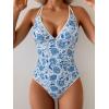 imageB2prity Womens V Neck One Piece Swimsuit Tummy Control Slimming Bathing Suit Double Straps Crisscross Back SwimwearBlue White Floral