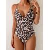 imageB2prity Womens V Neck One Piece Swimsuit Tummy Control Slimming Bathing Suit Double Straps Crisscross Back SwimwearLeopard Print  Brown