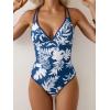 imageB2prity Womens V Neck One Piece Swimsuit Tummy Control Slimming Bathing Suit Double Straps Crisscross Back SwimwearNavy Blue Floral
