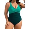 imageB2prity One Piece Swimsuit for Women Tummy Control Plus Size Bathing Suit Ruched Swim Suit V Neck Criss Cross SwimwearGreen Color Block