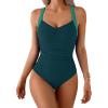 imageB2prity One Piece Swimsuit for Women Tummy Control Slimming Bathing Suit Push Up Ruched Swim Suit Criss Cross SwimwearPeacock Greengreen Straps