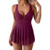 imageB2prity Womens One Piece Swim Dress Swimsuit Tummy Control V Neck Swimdress Mesh Bathing Suit Skirt U Ring SwimwearWine Red