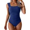 imageB2prity Womens One Piece Swimsuit Retro Square Neck Tummy Control Bathing Suits Ruched Modest Full Coverage SwimwearPeacock Blue