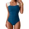 imageB2prity Womens One Piece Swimsuit Retro Square Neck Tummy Control Bathing Suits Ruched Modest Full Coverage SwimwearPeacock Blue white