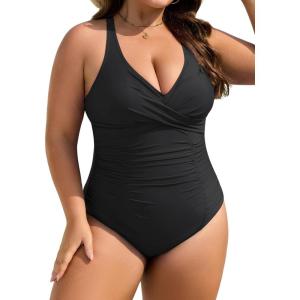 imageB2prity One Piece Swimsuit for Women Tummy Control Plus Size Bathing Suit Ruched Swim Suit V Neck Criss Cross SwimwearBlack