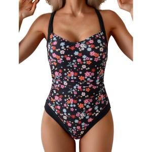 imageB2prity One Piece Swimsuit for Women Tummy Control Slimming Bathing Suit Push Up Ruched Swim Suit Criss Cross SwimwearBlack Floral Print and Black Block