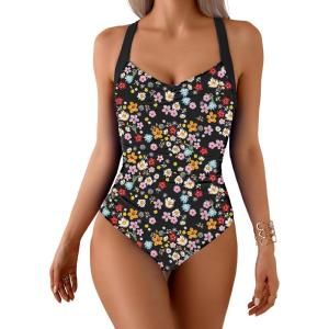 imageB2prity One Piece Swimsuit for Women Tummy Control Slimming Bathing Suit Push Up Ruched Swim Suit Criss Cross SwimwearBlack Floral Printblack Straps