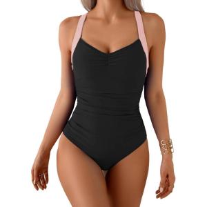 imageB2prity One Piece Swimsuit for Women Tummy Control Slimming Bathing Suit Push Up Ruched Swim Suit Criss Cross SwimwearBlacklight Pink Straps