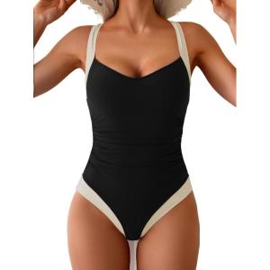 imageB2prity One Piece Swimsuit for Women Tummy Control Slimming Bathing Suit Push Up Ruched Swim Suit Criss Cross SwimwearBlackwhite Straps