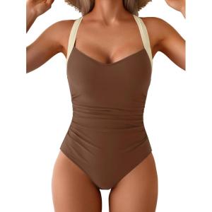 imageB2prity One Piece Swimsuit for Women Tummy Control Slimming Bathing Suit Push Up Ruched Swim Suit Criss Cross SwimwearBrown  White