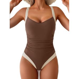 imageB2prity One Piece Swimsuit for Women Tummy Control Slimming Bathing Suit Push Up Ruched Swim Suit Criss Cross SwimwearBrown and White Block