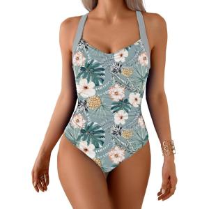 imageB2prity One Piece Swimsuit for Women Tummy Control Slimming Bathing Suit Push Up Ruched Swim Suit Criss Cross SwimwearGreen Floral Printgrey Blue Straps