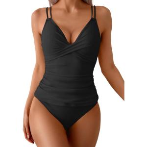 imageB2prity Tankini Swimsuits for Women Tummy Control High Waisted Two Piece Bathing Suits V Neck Wrap Swim Top with BottomBlack