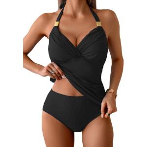 imageB2prity Womens Halter Tankini Swimsuits Tummy Control Two Piece Bathing Suits V Neck Swimwear with High Waisted BottomBlack