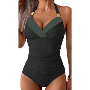 imageB2prity Womens Halter Tankini Swimsuits Tummy Control Two Piece Bathing Suits V Neck Swimwear with High Waisted BottomBlack Army Green