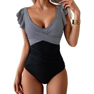 imageB2prity Womens One Piece Swimsuit Ruffle Slimming Tummy Control Bathing Suit Criss Cross High Waist 1 Piece SwimwearBlack Stripe  Black