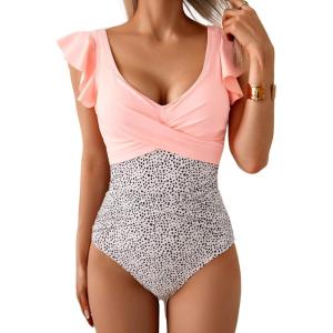 imageB2prity Womens One Piece Swimsuit Ruffle Slimming Tummy Control Bathing Suit Criss Cross High Waist 1 Piece SwimwearLight Pink  Spot