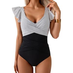 imageB2prity Womens One Piece Swimsuit Ruffle Slimming Tummy Control Bathing Suit Criss Cross High Waist 1 Piece SwimwearStriped  Black