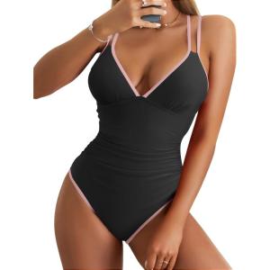 imageB2prity Womens V Neck One Piece Swimsuit Tummy Control Slimming Bathing Suit Double Straps Crisscross Back SwimwearBlack light Pink