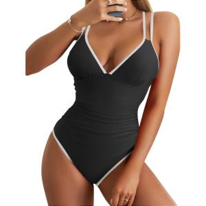imageB2prity Womens V Neck One Piece Swimsuit Tummy Control Slimming Bathing Suit Double Straps Crisscross Back SwimwearBlack white