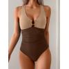 imageB2prity One Piece Swimsuit for Women Tummy Control Slimming Bathing Suit Deep V Neck Ruched Swim Suit Push Up SwimwearLight Brown brown