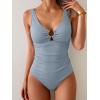 imageB2prity One Piece Swimsuit for Women Tummy Control Slimming Bathing Suit Deep V Neck Ruched Swim Suit Push Up SwimwearRibbed grey Blue
