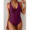 imageB2prity One Piece Swimsuit for Women Tummy Control Slimming Bathing Suit Deep V Neck Ruched Swim Suit Push Up SwimwearWine Red
